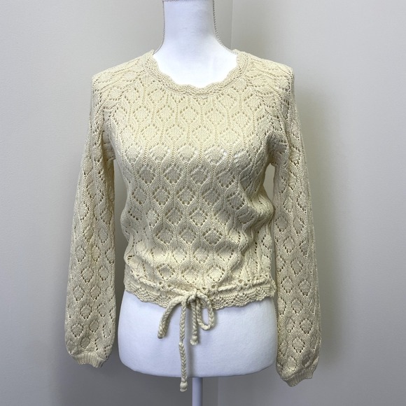 Marine Layer Sweaters - Marine Layer Cream Pointelle Knit Drawstring Sweater XS Diamond Open Knit Boho
